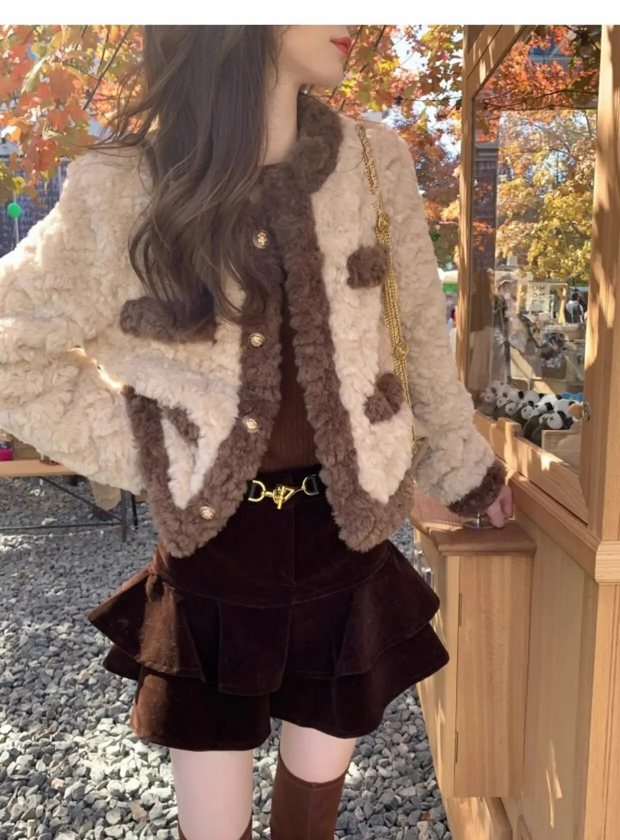 Vintage Women's Faux Lamb Fur Cropped Coat Autumn Winter Warm Thick Outerwear Woman Elegant Gold Single Breasted Plush Jacket