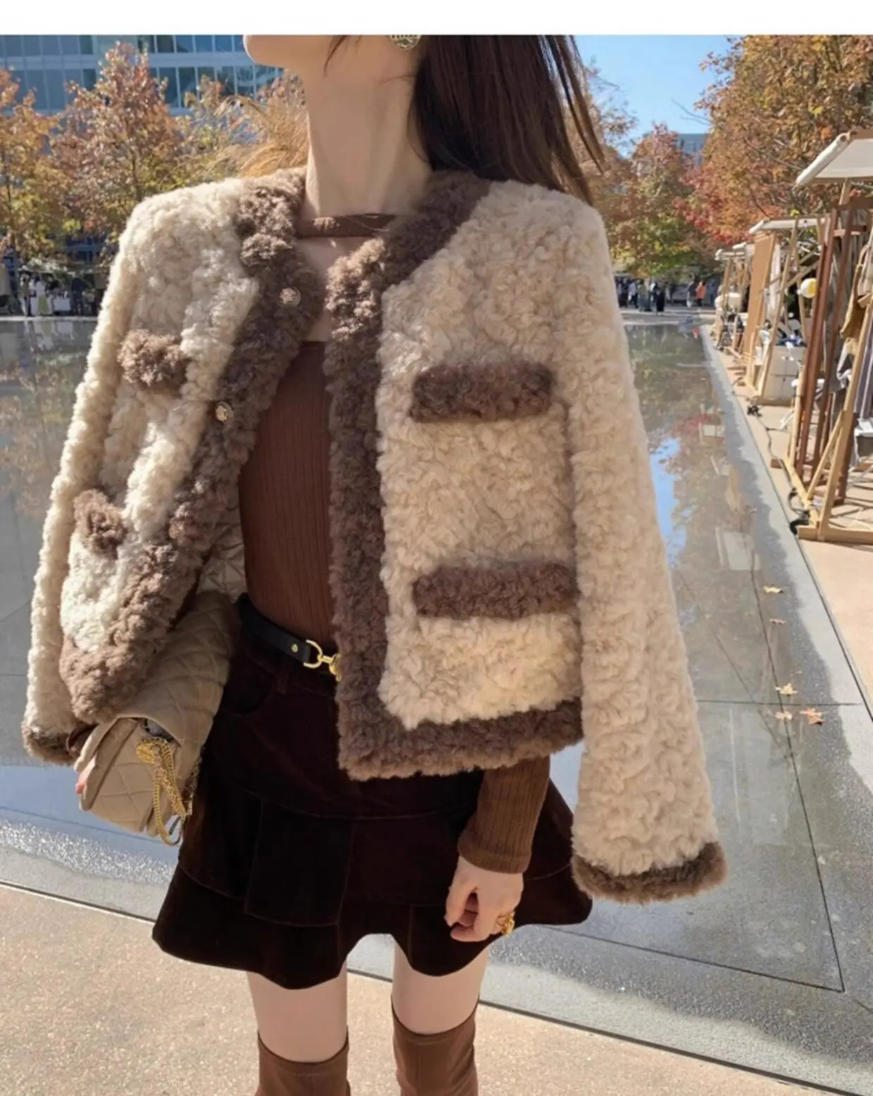 Vintage Women's Faux Lamb Fur Cropped Coat Autumn Winter Warm Thick Outerwear Woman Elegant Gold Single Breasted Plush Jacket