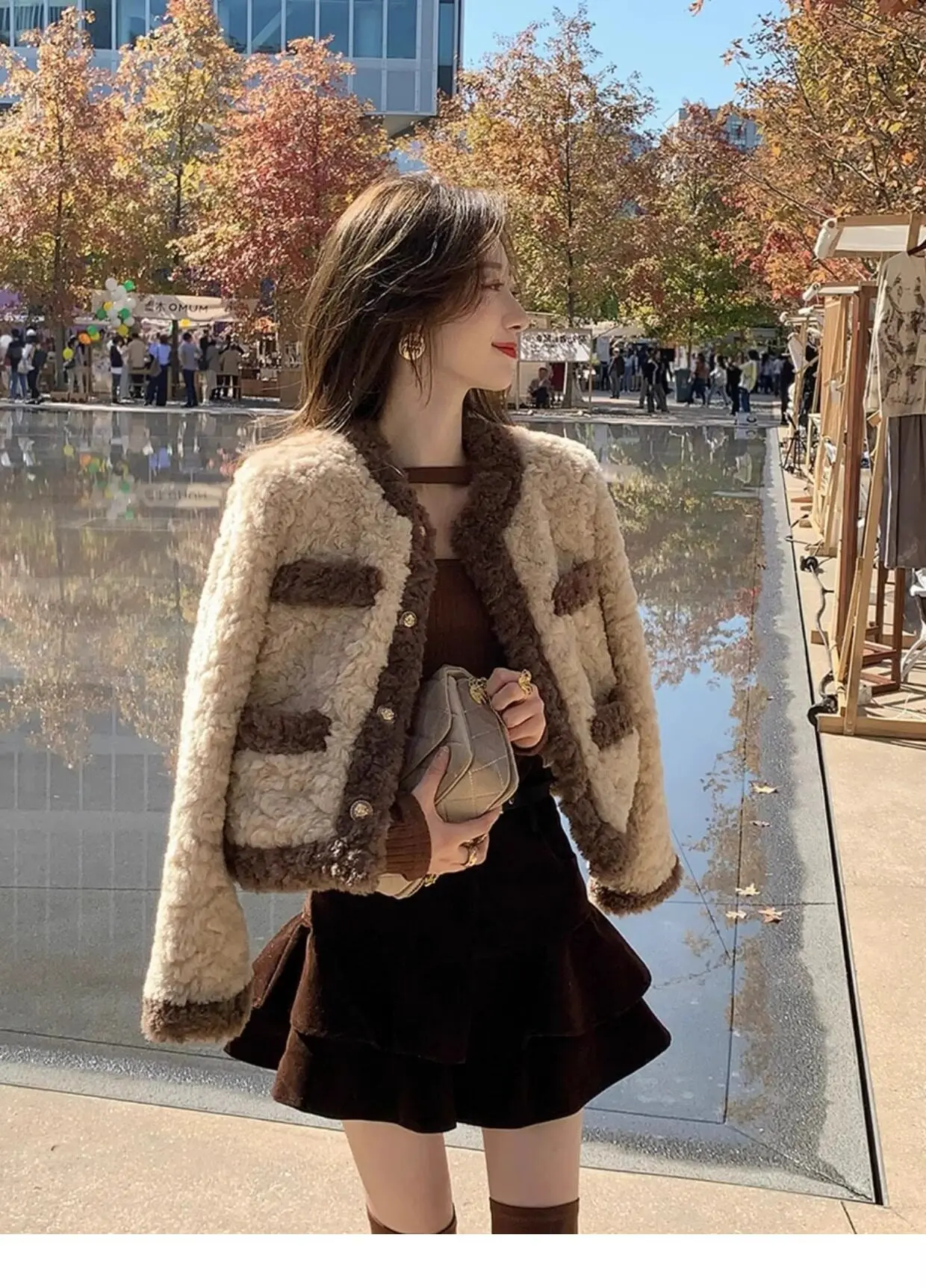 Vintage Women's Faux Lamb Fur Cropped Coat Autumn Winter Warm Thick Outerwear Woman Elegant Gold Single Breasted Plush Jacket
