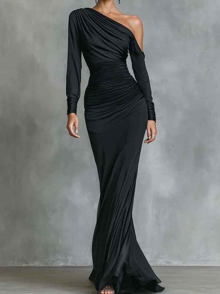 New Long Sleeve Patchwork Chic Maxi Dress, Spring Autumn Women Skew Collar Fashion Party Dress, 2026 Elegant Simple Ladies Dress