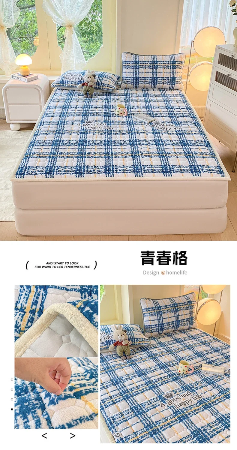 New Autumn Winter Thickened Warm Quilted Mattress Pad Cozy Durable Milk Fleece Mattress Toppers Soft Fluffy Sleep Naked Bed Pads