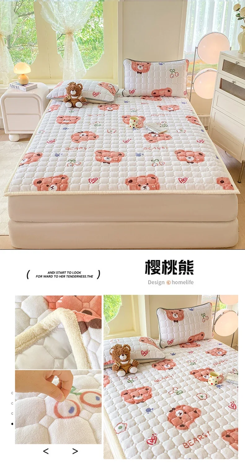 New Autumn Winter Thickened Warm Quilted Mattress Pad Cozy Durable Milk Fleece Mattress Toppers Soft Fluffy Sleep Naked Bed Pads