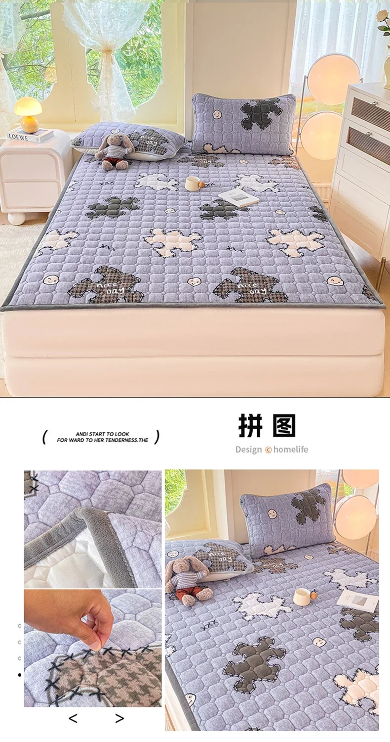 New Autumn Winter Thickened Warm Quilted Mattress Pad Cozy Durable Milk Fleece Mattress Toppers Soft Fluffy Sleep Naked Bed Pads
