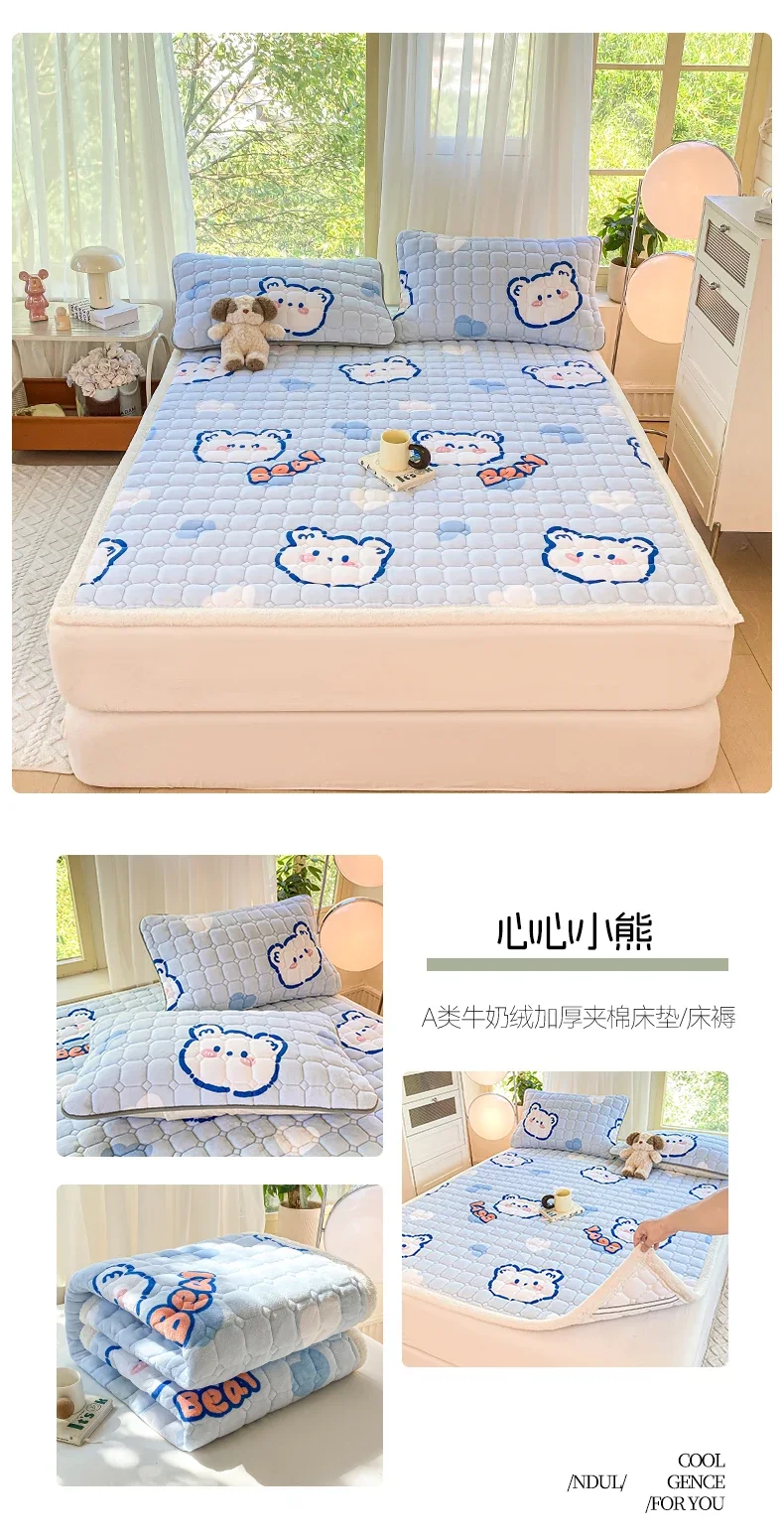 New Autumn Winter Thickened Warm Quilted Mattress Pad Cozy Durable Milk Fleece Mattress Toppers Soft Fluffy Sleep Naked Bed Pads