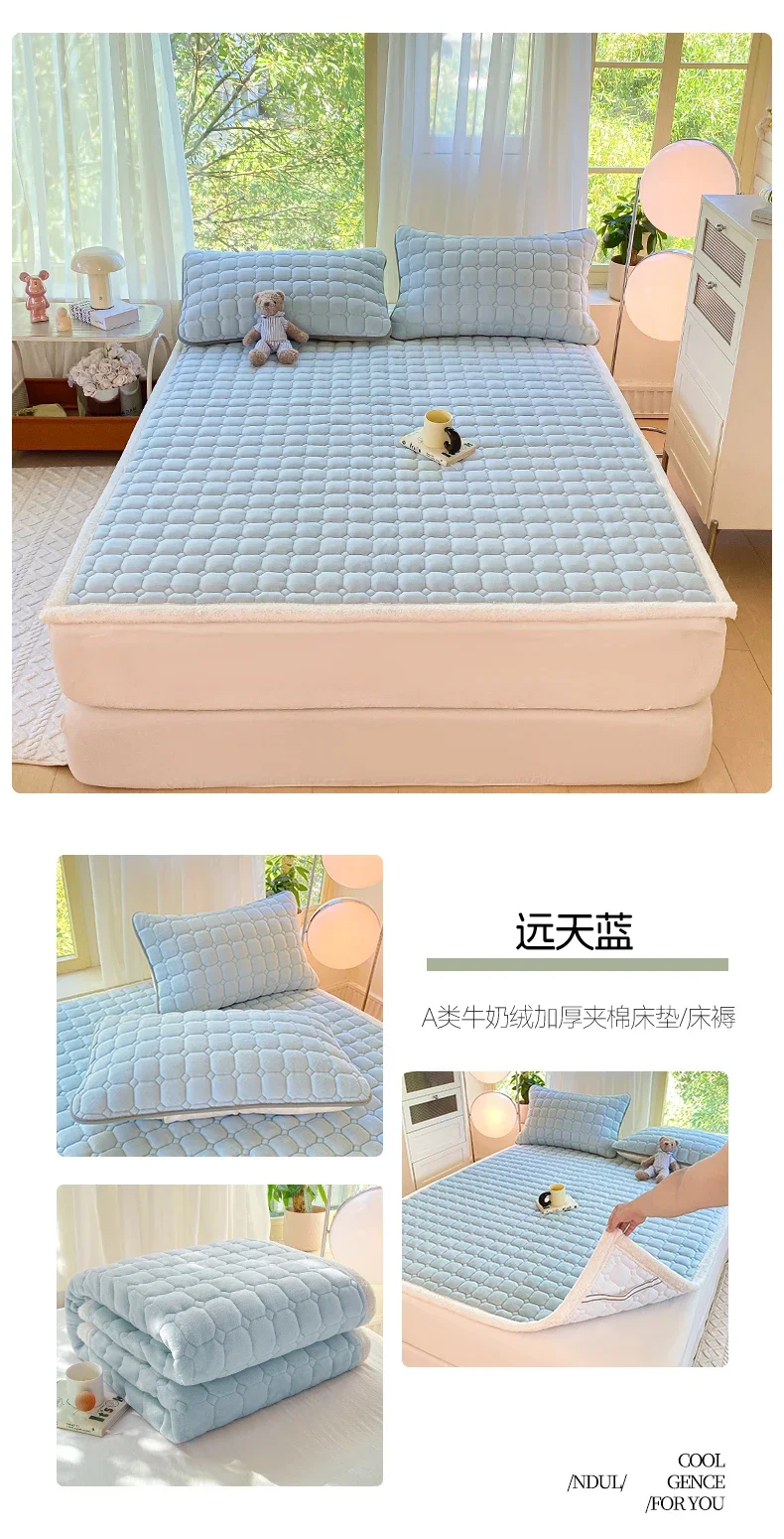 New Autumn Winter Thickened Warm Quilted Mattress Pad Cozy Durable Milk Fleece Mattress Toppers Soft Fluffy Sleep Naked Bed Pads