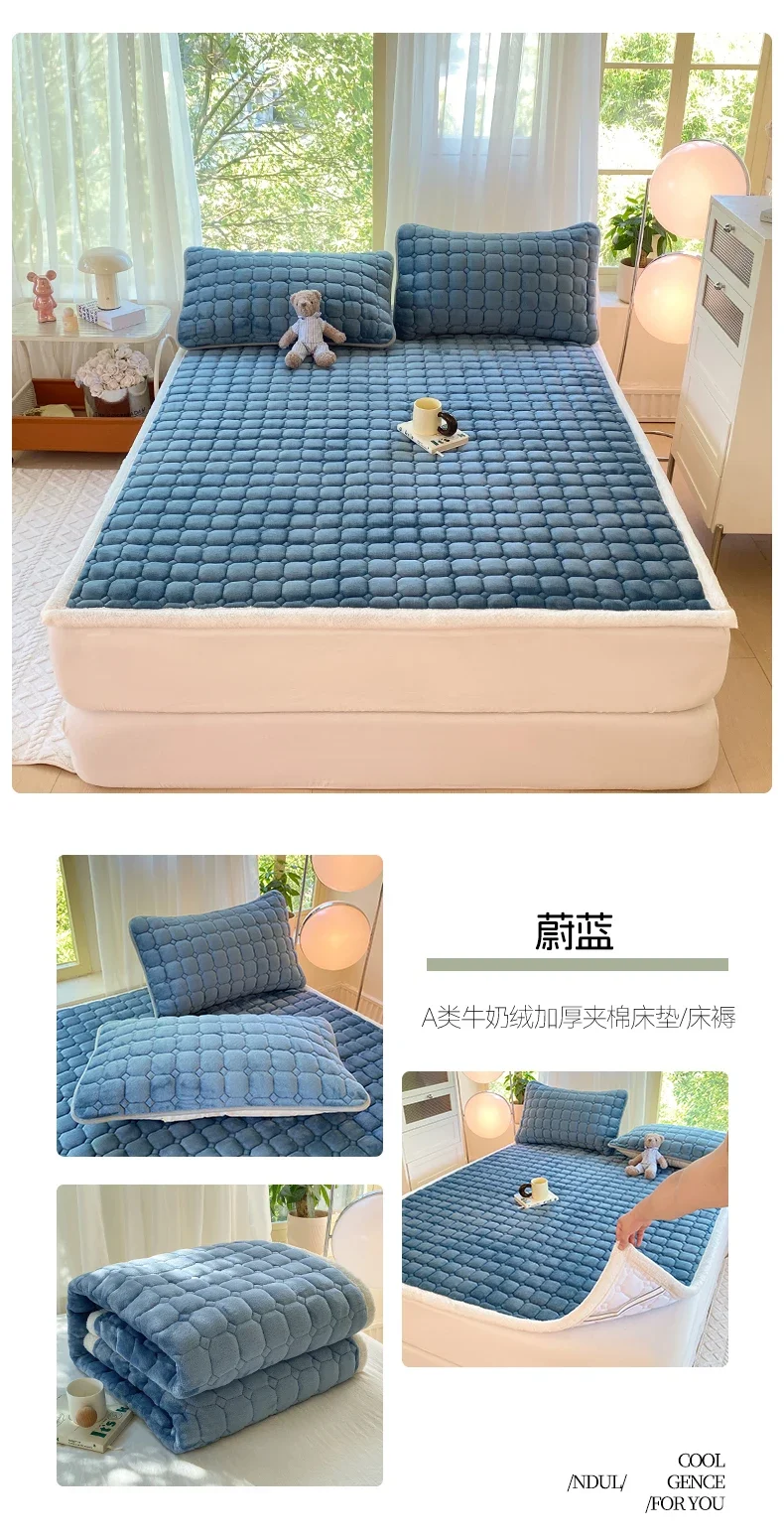 New Autumn Winter Thickened Warm Quilted Mattress Pad Cozy Durable Milk Fleece Mattress Toppers Soft Fluffy Sleep Naked Bed Pads