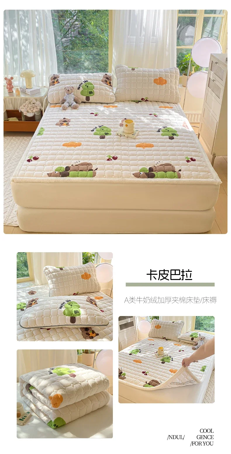 New Autumn Winter Thickened Warm Quilted Mattress Pad Cozy Durable Milk Fleece Mattress Toppers Soft Fluffy Sleep Naked Bed Pads