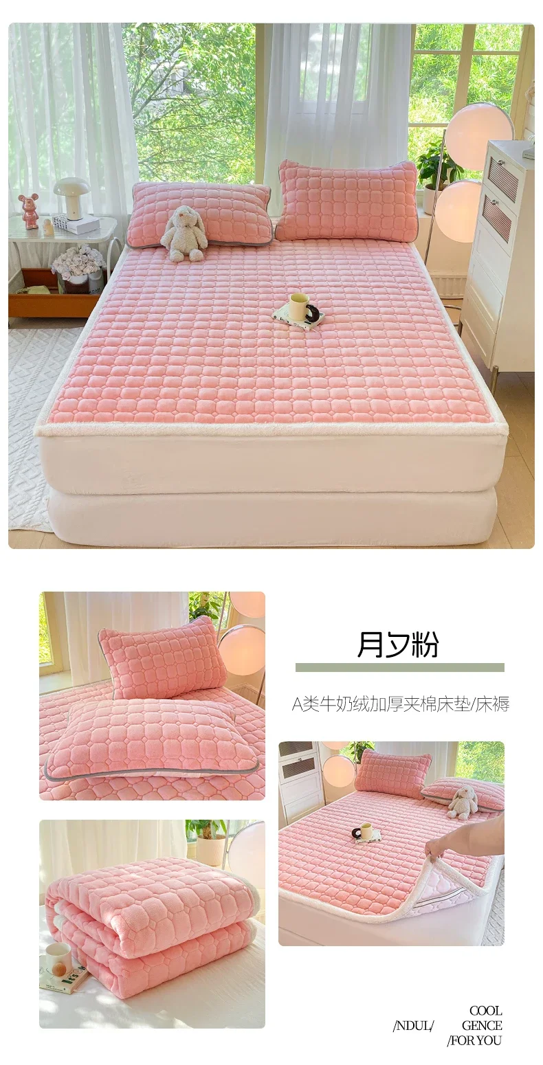 New Autumn Winter Thickened Warm Quilted Mattress Pad Cozy Durable Milk Fleece Mattress Toppers Soft Fluffy Sleep Naked Bed Pads