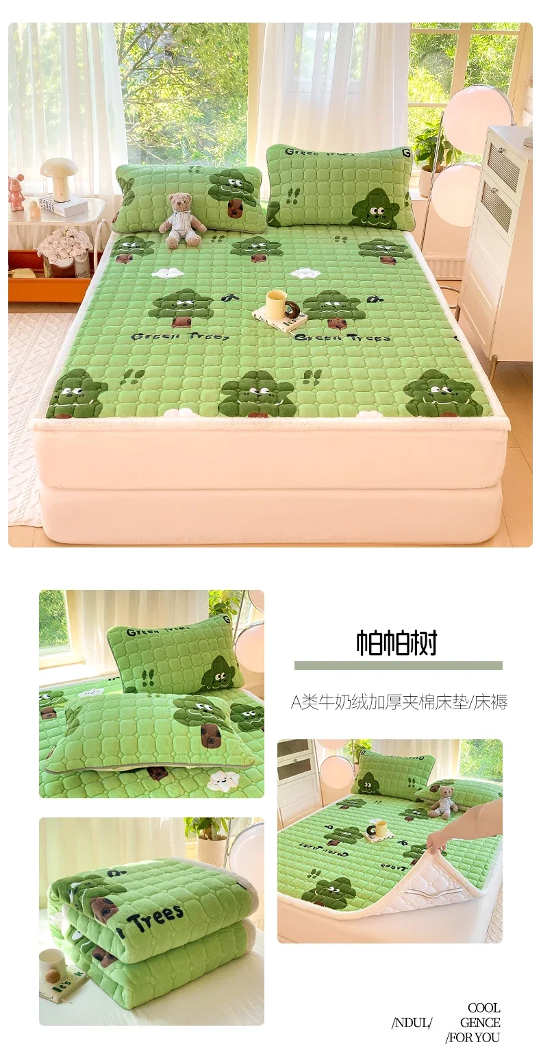 New Autumn Winter Thickened Warm Quilted Mattress Pad Cozy Durable Milk Fleece Mattress Toppers Soft Fluffy Sleep Naked Bed Pads
