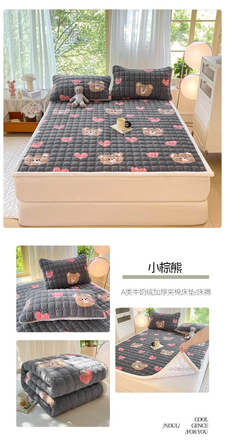 New Autumn Winter Thickened Warm Quilted Mattress Pad Cozy Durable Milk Fleece Mattress Toppers Soft Fluffy Sleep Naked Bed Pads