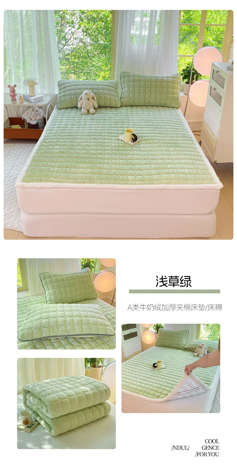 New Autumn Winter Thickened Warm Quilted Mattress Pad Cozy Durable Milk Fleece Mattress Toppers Soft Fluffy Sleep Naked Bed Pads