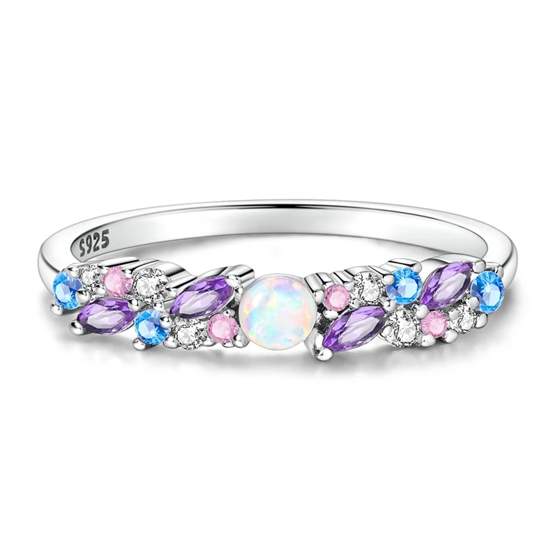 Original 925 Sterling Silver Sparkling Ice-Blue Purple Opal Ring For Women Girls Jewelry Birthday Anniversary Gifts