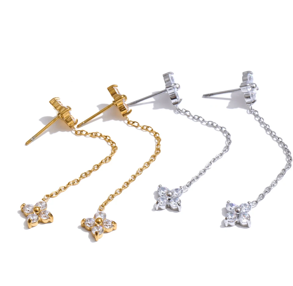 Yhpup Stainless Steel Cubic Zirconia Flower Chain Drop Dangle Earrings 2026 Delicate Fashion Daily Chic Jewelry Gala Waterproof