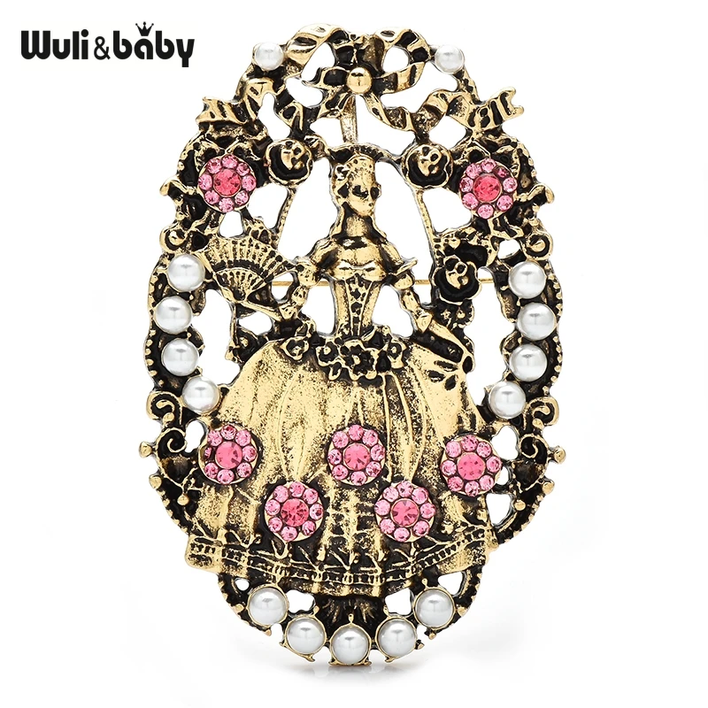 Wuli&baby Vintage Flowers Lady Brooches For Women Wear Beautiful Dress Holding Fun Figure Pearl Round Brooch Pins Gifts