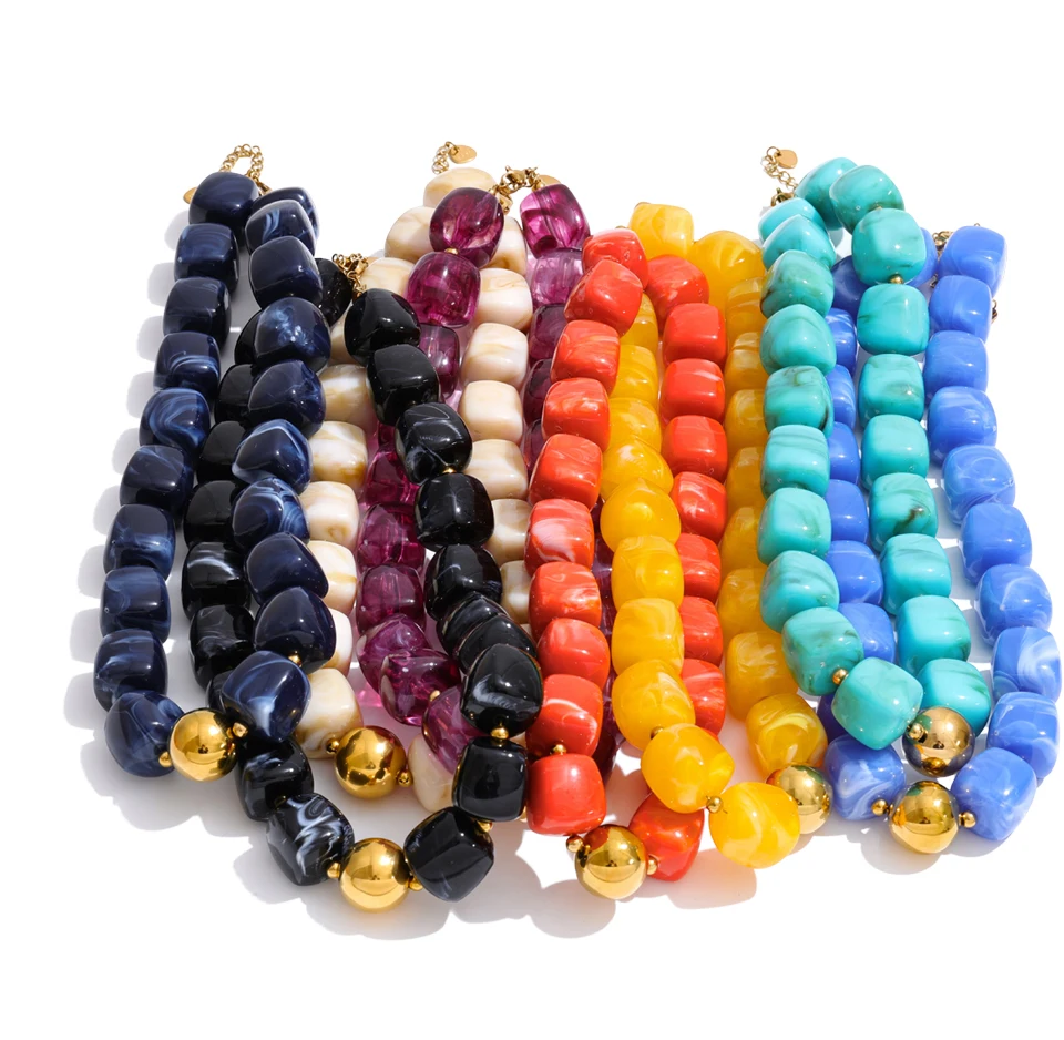 Yhpup Hot Style Handmade Jewelry Acrylic Resin Beads Chain Necklace Bracelet Stainless Steel Spring Summer Statement Accessories