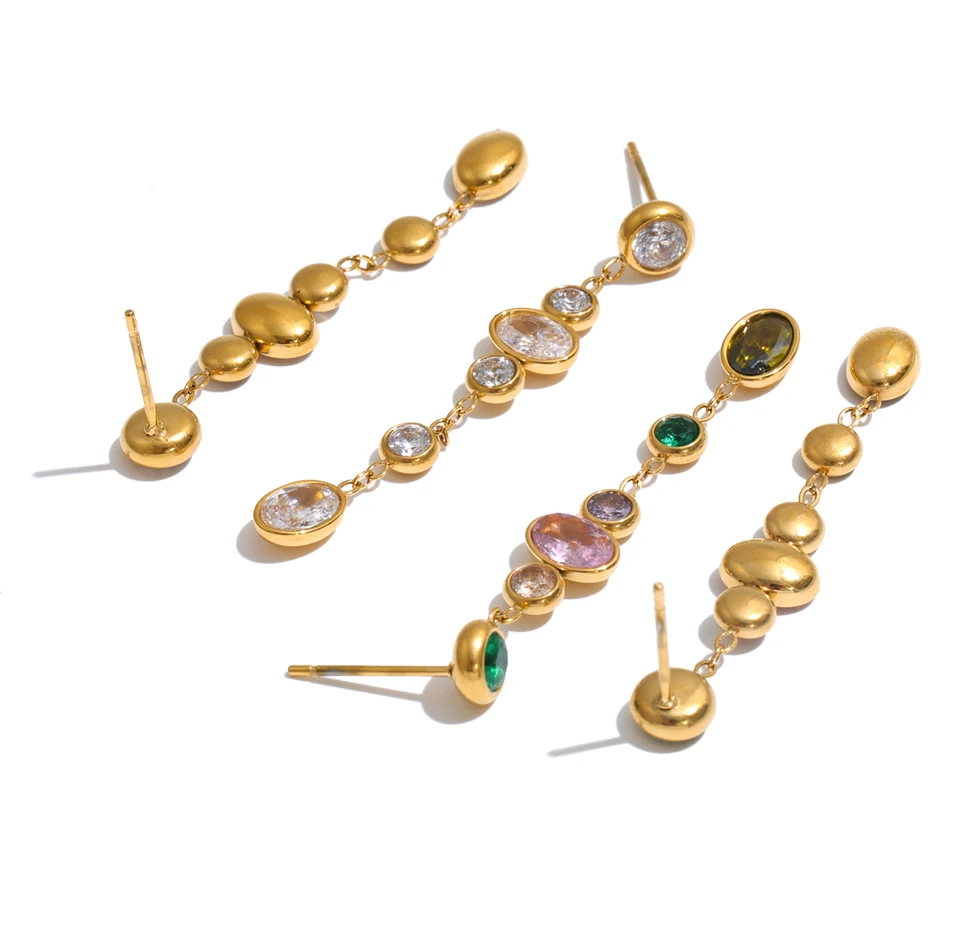 Yhpup Colorful White Round Cubic Zirconia Long Chain Drop Earrings 18K Gold Color PVD Plated Stainless Steel Premium Jewelry