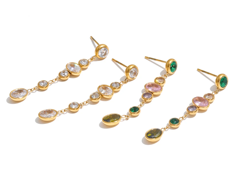 Yhpup Colorful White Round Cubic Zirconia Long Chain Drop Earrings 18K Gold Color PVD Plated Stainless Steel Premium Jewelry