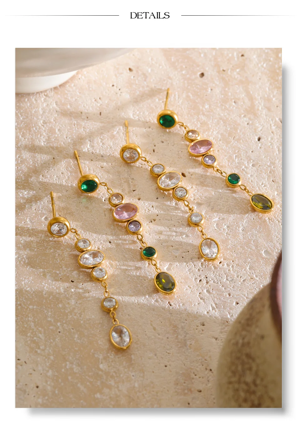 Yhpup Colorful White Round Cubic Zirconia Long Chain Drop Earrings 18K Gold Color PVD Plated Stainless Steel Premium Jewelry