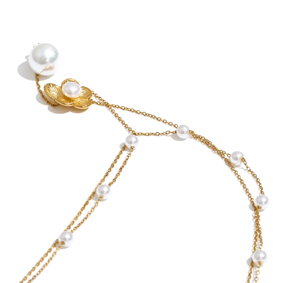 Yhpup Stainless Steel Layered Simulated Pearls Chain Flower Drop Necklace 2026 Arrivals Demure Summer Jewelry