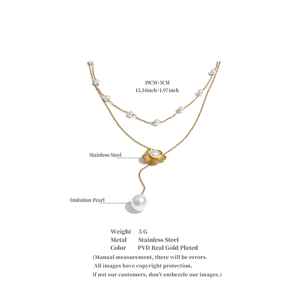 Yhpup Stainless Steel Layered Simulated Pearls Chain Flower Drop Necklace 2026 Arrivals Demure Summer Jewelry
