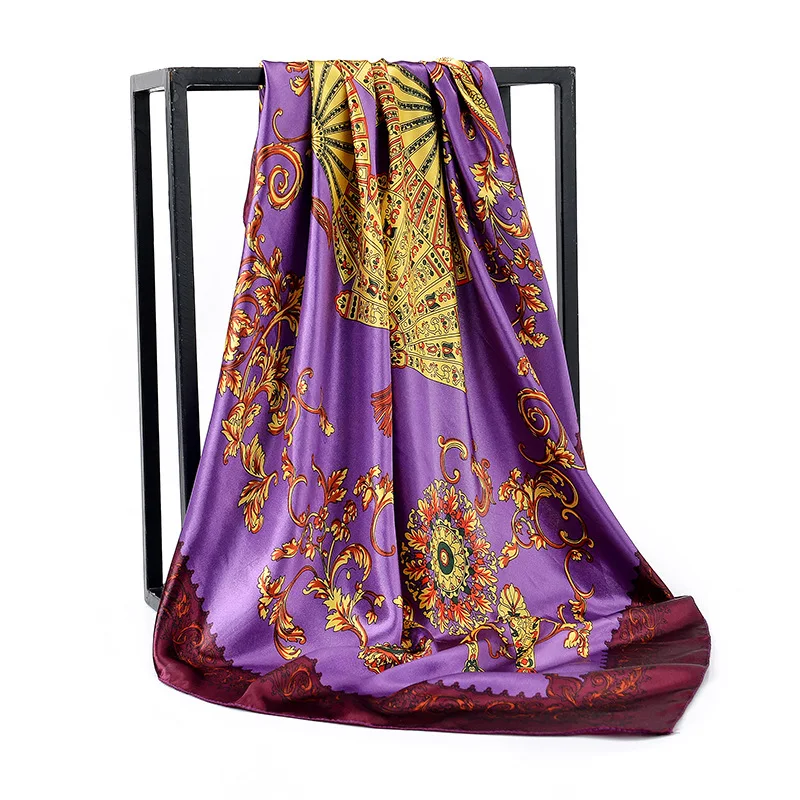 90cm Square Shawls Women Hijab Scarf For Hair Fashion Print Kerchief Neck Scarves Female Silk Satin Bag Scarfs For Ladies Banada