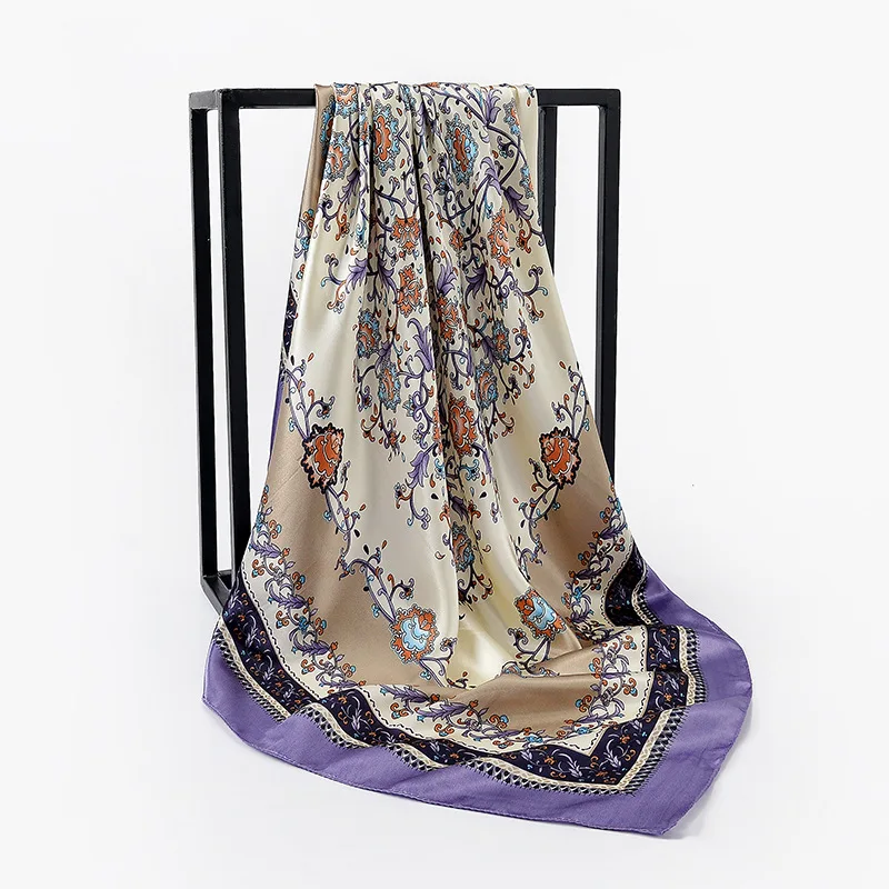 90cm Square Shawls Women Hijab Scarf For Hair Fashion Print Kerchief Neck Scarves Female Silk Satin Bag Scarfs For Ladies Banada