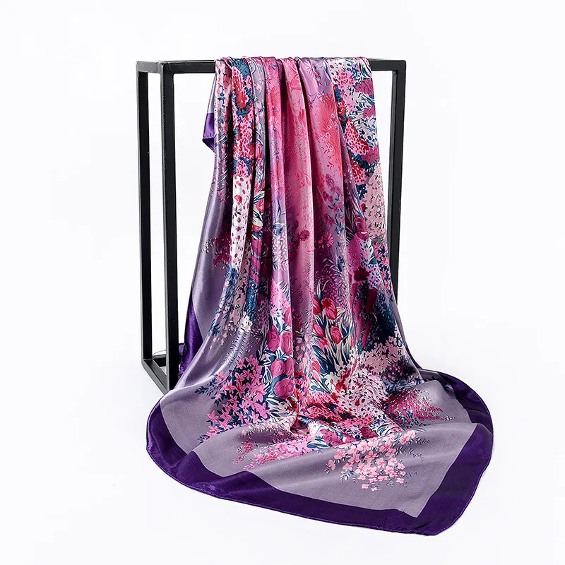 90cm Square Shawls Women Hijab Scarf For Hair Fashion Print Kerchief Neck Scarves Female Silk Satin Bag Scarfs For Ladies Banada