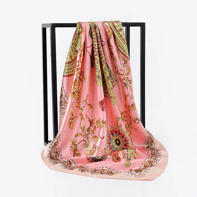 90cm Square Shawls Women Hijab Scarf For Hair Fashion Print Kerchief Neck Scarves Female Silk Satin Bag Scarfs For Ladies Banada