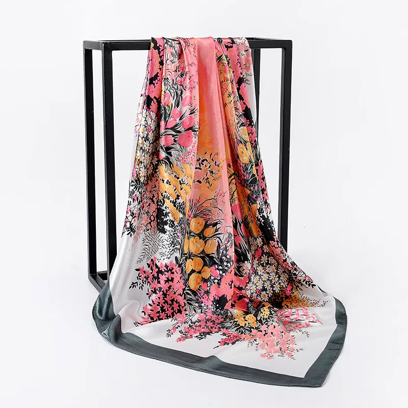 90cm Square Shawls Women Hijab Scarf For Hair Fashion Print Kerchief Neck Scarves Female Silk Satin Bag Scarfs For Ladies Banada