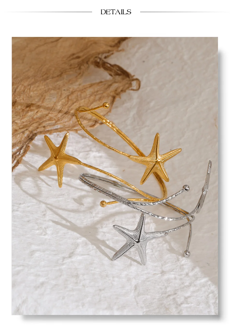 Yhpup Ocean Style Stainless Steel Metal Starfish Cuff Adjustable Arm Bracelet 18K Gold Color PVD Plated Summer Vacation Jewelry