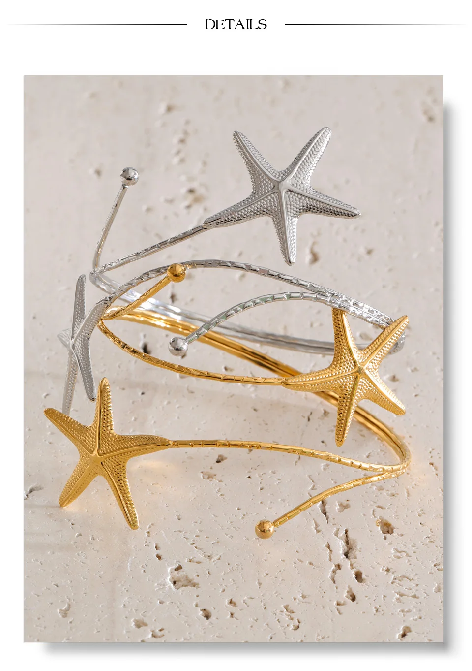 Yhpup Ocean Style Stainless Steel Metal Starfish Cuff Adjustable Arm Bracelet 18K Gold Color PVD Plated Summer Vacation Jewelry