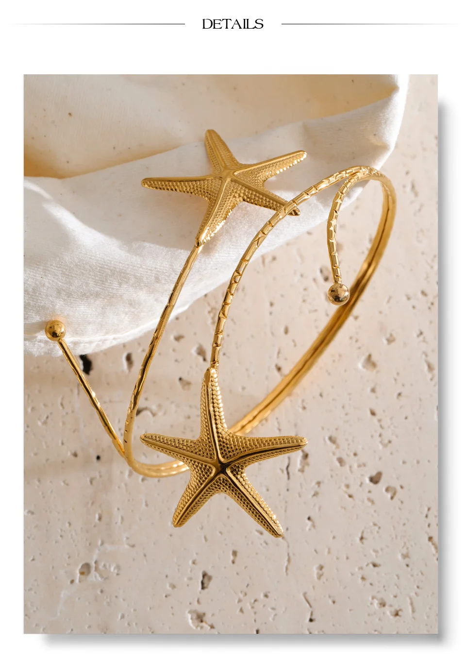 Yhpup Ocean Style Stainless Steel Metal Starfish Cuff Adjustable Arm Bracelet 18K Gold Color PVD Plated Summer Vacation Jewelry