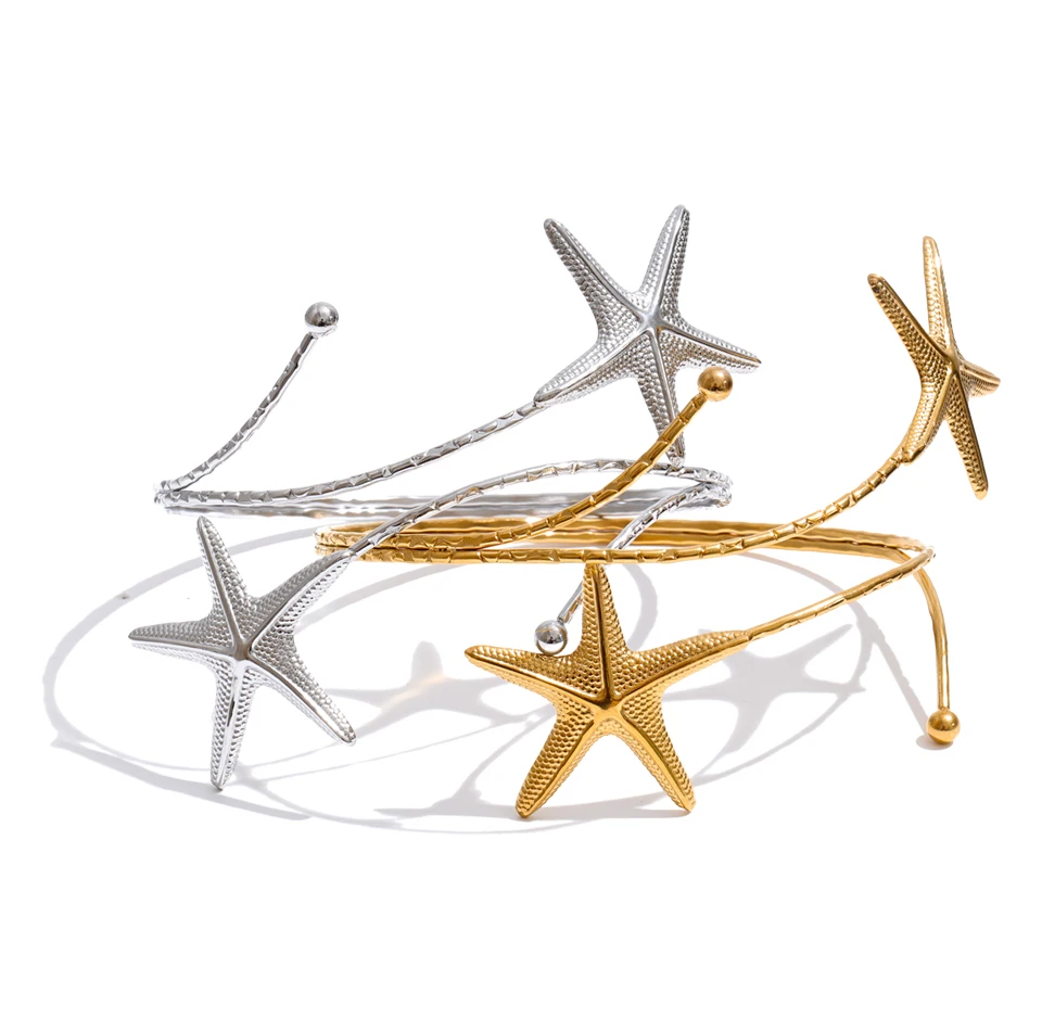 Yhpup Ocean Style Stainless Steel Metal Starfish Cuff Adjustable Arm Bracelet 18K Gold Color PVD Plated Summer Vacation Jewelry