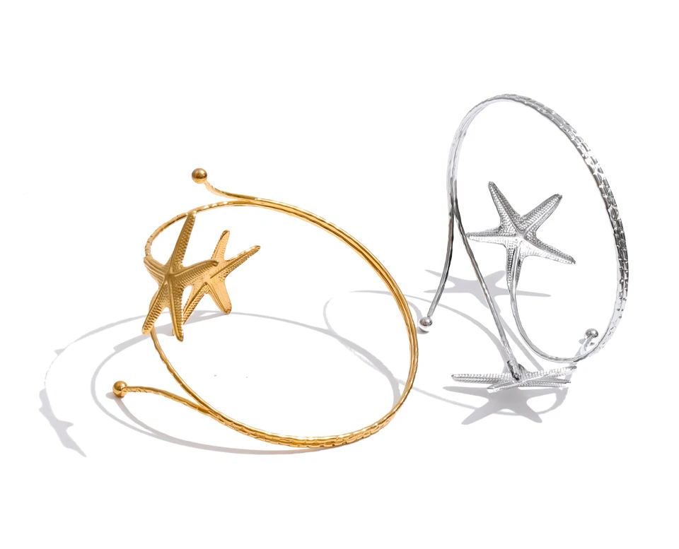 Yhpup Ocean Style Stainless Steel Metal Starfish Cuff Adjustable Arm Bracelet 18K Gold Color PVD Plated Summer Vacation Jewelry