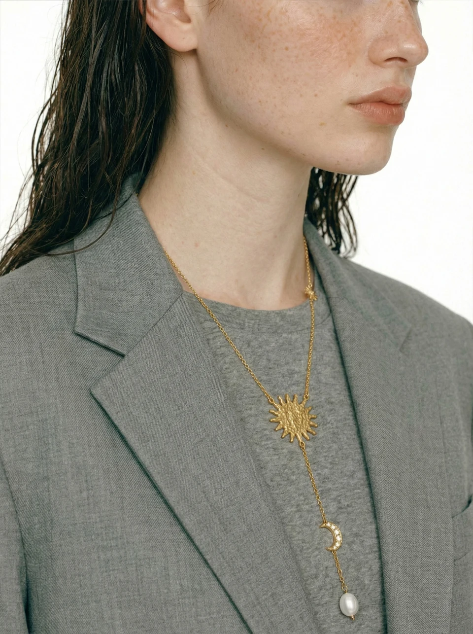 Yhpup Stainless Steel Sun Moon Natural Pearl Chain Drop Necklace 16K Gold Platinum Color PVD Plated Fashion Popular Jewelry