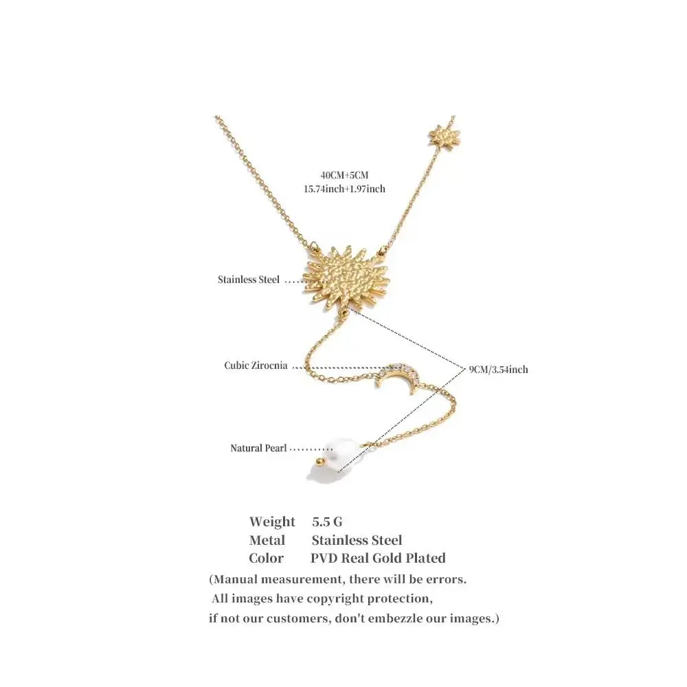 Yhpup Stainless Steel Sun Moon Natural Pearl Chain Drop Necklace 16K Gold Platinum Color PVD Plated Fashion Popular Jewelry