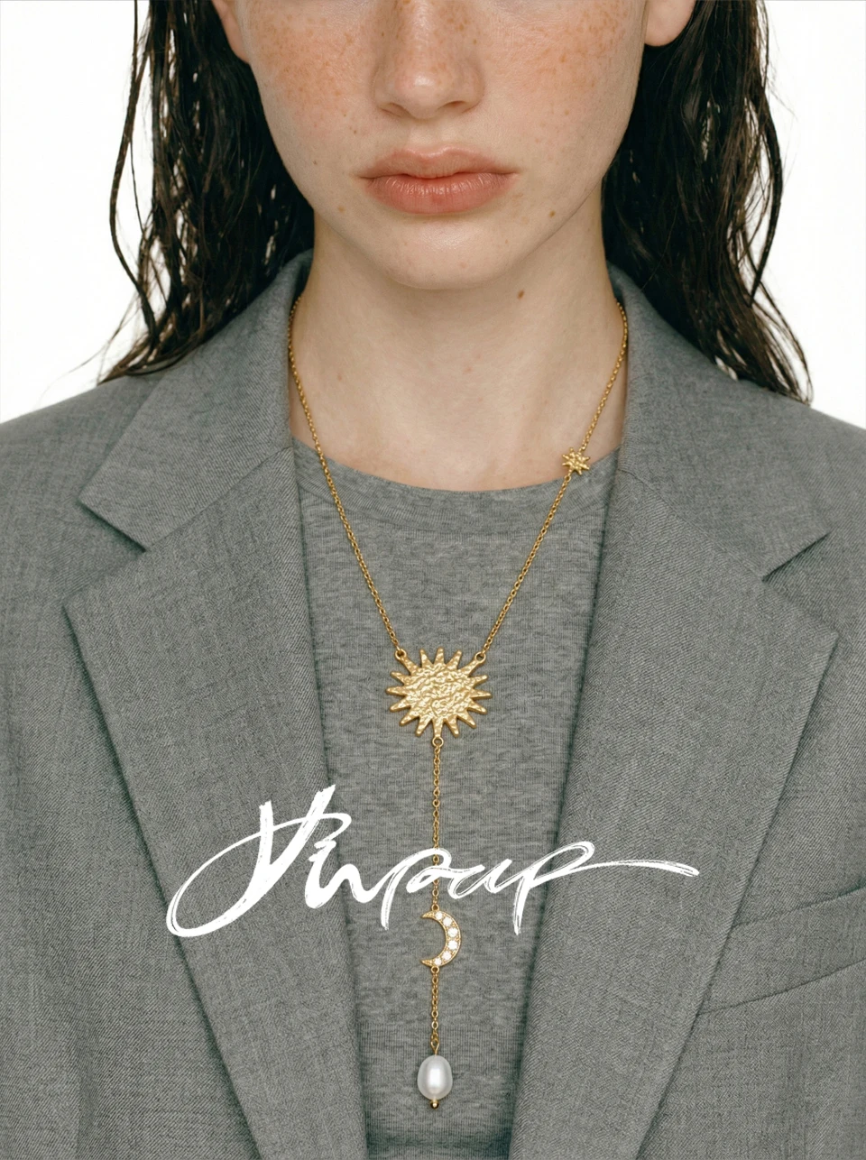 Yhpup Stainless Steel Sun Moon Natural Pearl Chain Drop Necklace 16K Gold Platinum Color PVD Plated Fashion Popular Jewelry