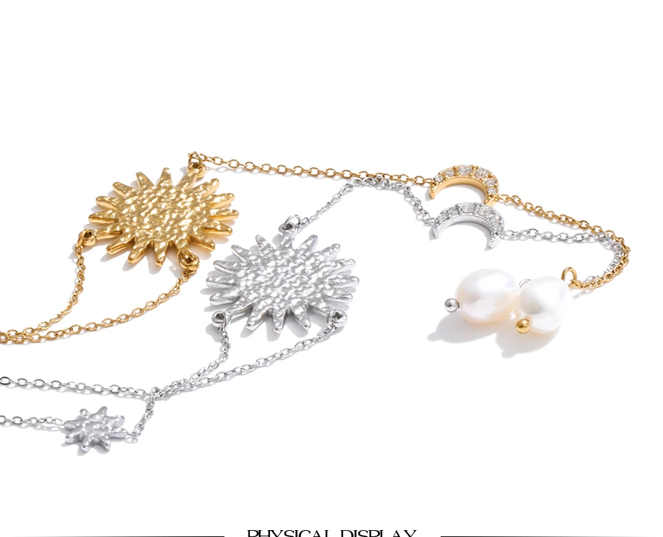 Yhpup Stainless Steel Sun Moon Natural Pearl Chain Drop Necklace 16K Gold Platinum Color PVD Plated Fashion Popular Jewelry