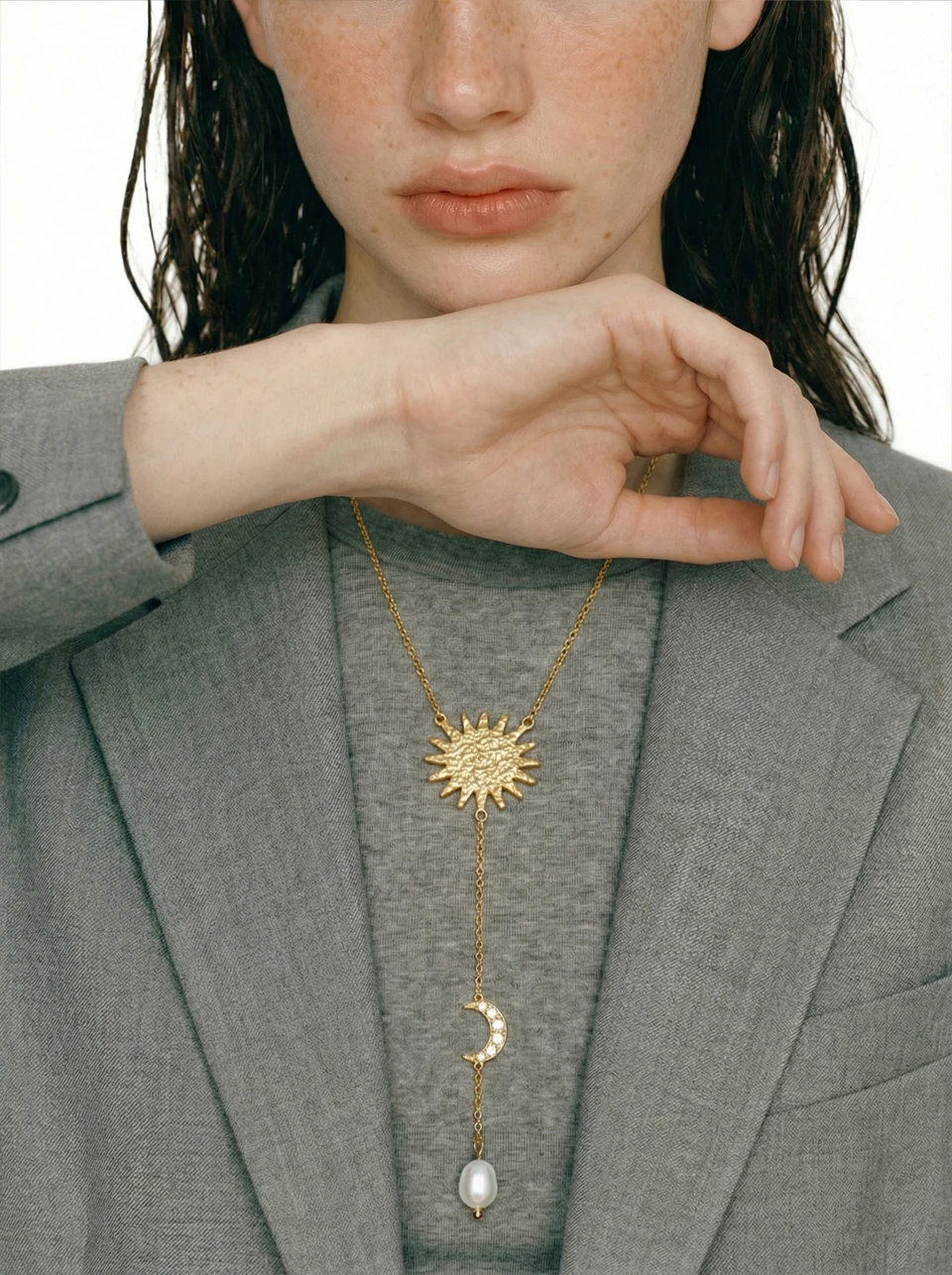 Yhpup Stainless Steel Sun Moon Natural Pearl Chain Drop Necklace 16K Gold Platinum Color PVD Plated Fashion Popular Jewelry