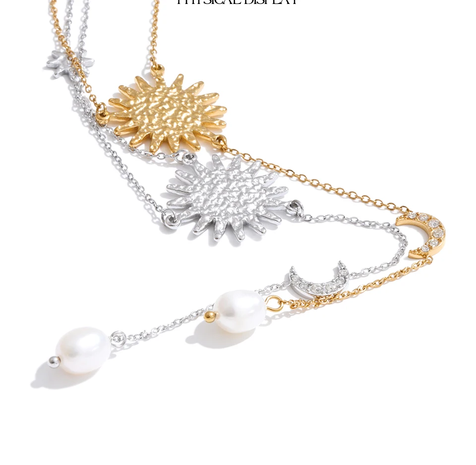 Yhpup Stainless Steel Sun Moon Natural Pearl Chain Drop Necklace 16K Gold Platinum Color PVD Plated Fashion Popular Jewelry