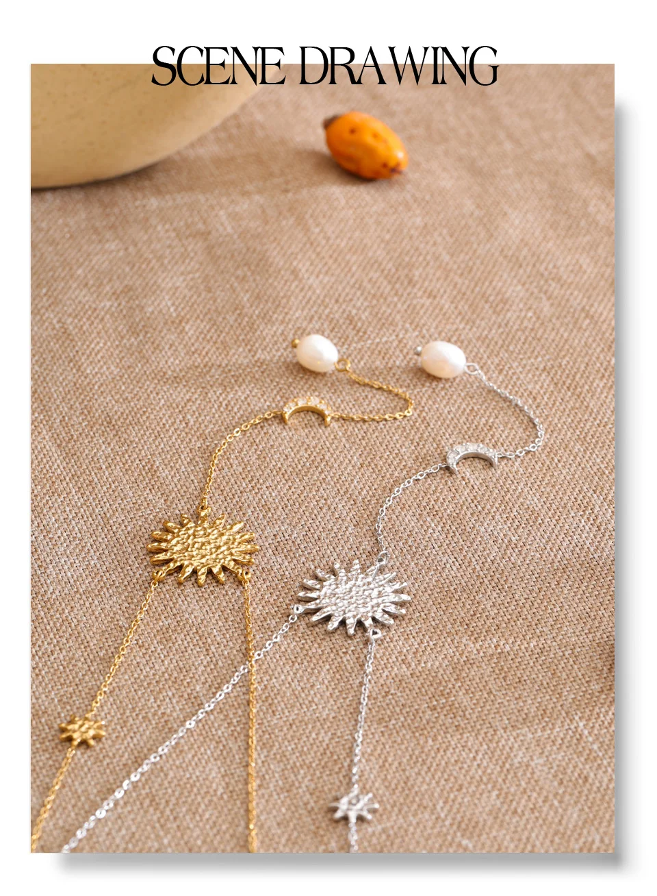 Yhpup Stainless Steel Sun Moon Natural Pearl Chain Drop Necklace 16K Gold Platinum Color PVD Plated Fashion Popular Jewelry