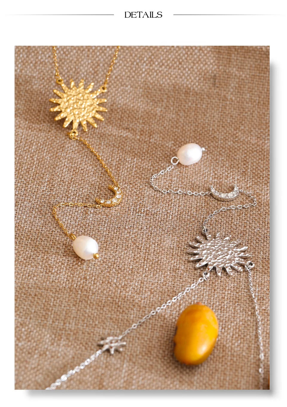 Yhpup Stainless Steel Sun Moon Natural Pearl Chain Drop Necklace 16K Gold Platinum Color PVD Plated Fashion Popular Jewelry