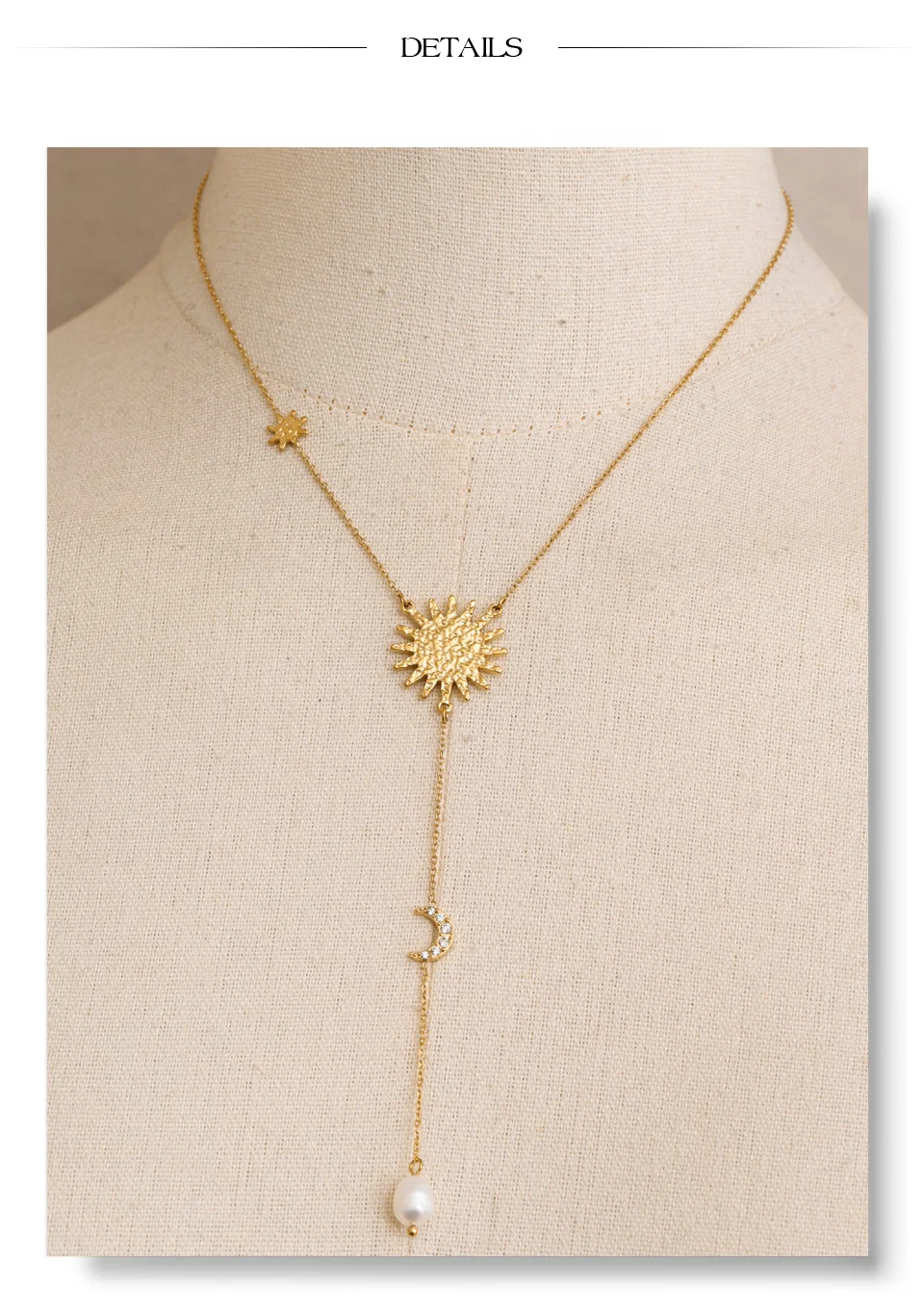 Yhpup Stainless Steel Sun Moon Natural Pearl Chain Drop Necklace 16K Gold Platinum Color PVD Plated Fashion Popular Jewelry