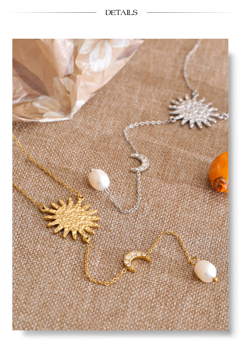 Yhpup Stainless Steel Sun Moon Natural Pearl Chain Drop Necklace 16K Gold Platinum Color PVD Plated Fashion Popular Jewelry
