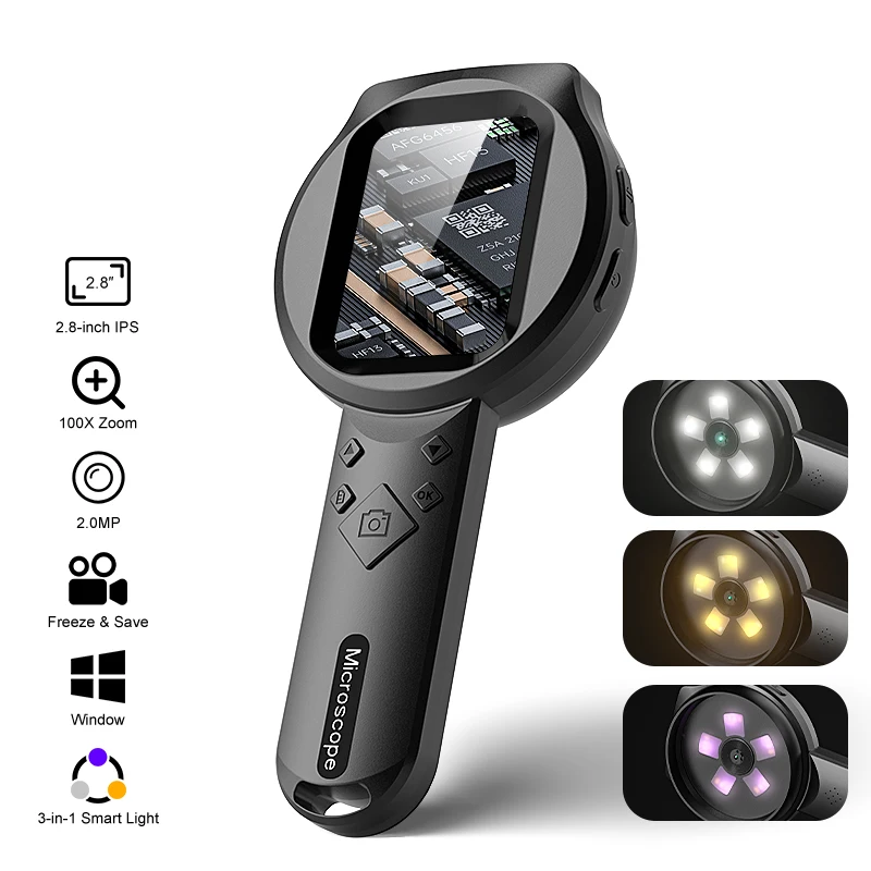 2.8'' IPS Digital Magnifier HD 1080P 100X Portable Microscope Handheld Mignifying Glass for Electronics Repair Check Jewelry