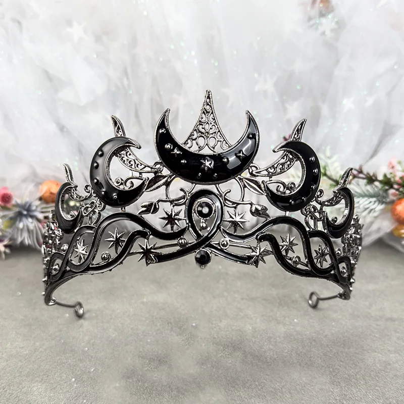 Gothic Black Moon Tiara Dark Queen Crown for Women Baroque Celestial Star Headpiece Vintage Cosplay Halloween Wedding Party Acce