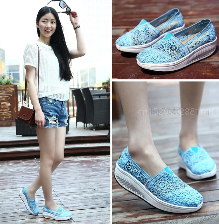 Women Toning Shoes Lace Breathable Swing Shoes Platforms Slip On Casual Shoes Female Slimming Wedge Sneakers