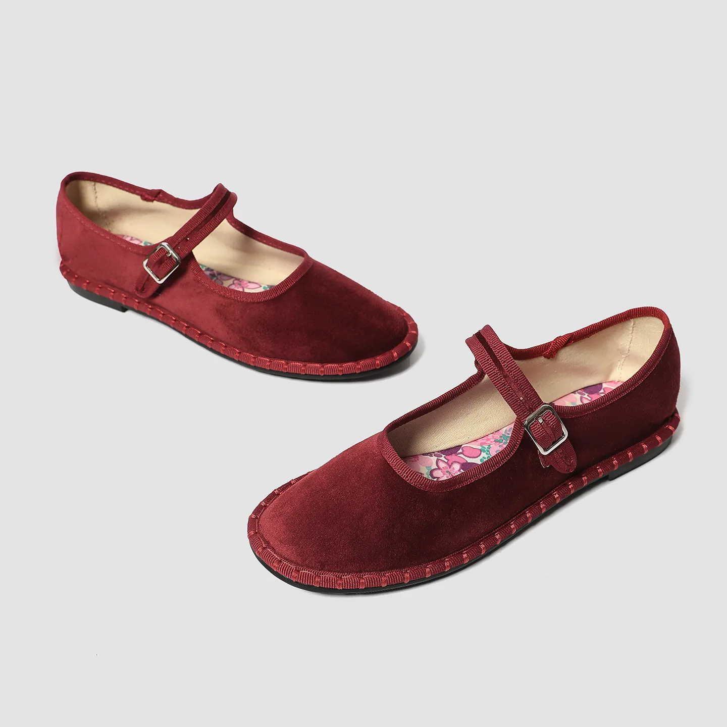 Printed Insole Stitching Velvet Mary Janes Shoes Women High Quality Pleuche Red Ballet Flats Shoes Ladies Casual Cloth Footwear