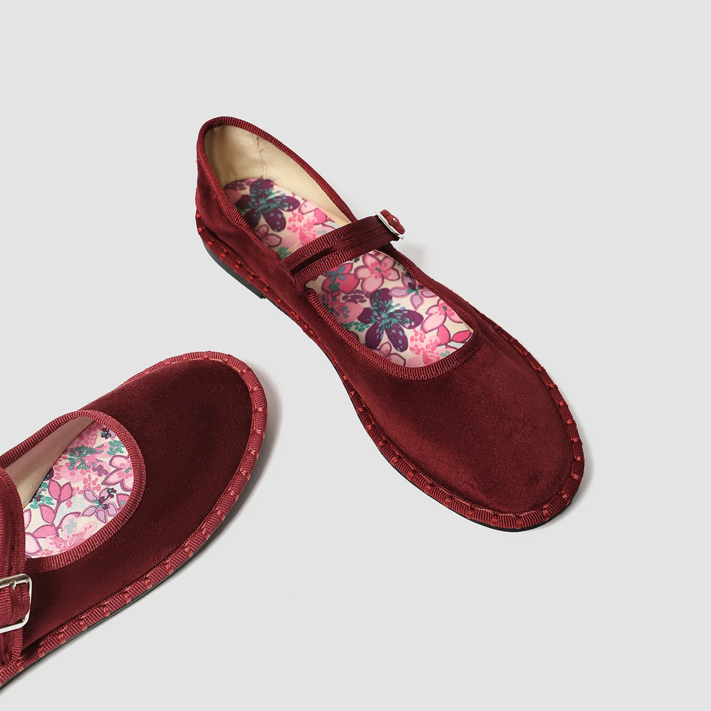 Printed Insole Stitching Velvet Mary Janes Shoes Women High Quality Pleuche Red Ballet Flats Shoes Ladies Casual Cloth Footwear