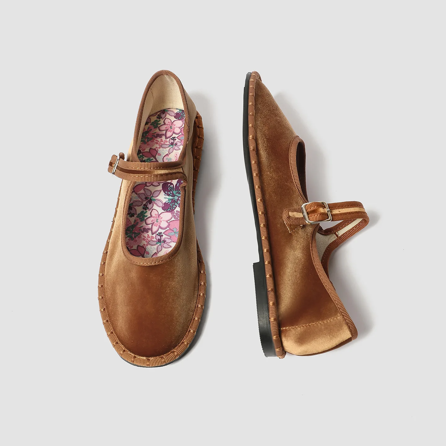 Printed Insole Stitching Velvet Mary Janes Shoes Women High Quality Pleuche Red Ballet Flats Shoes Ladies Casual Cloth Footwear